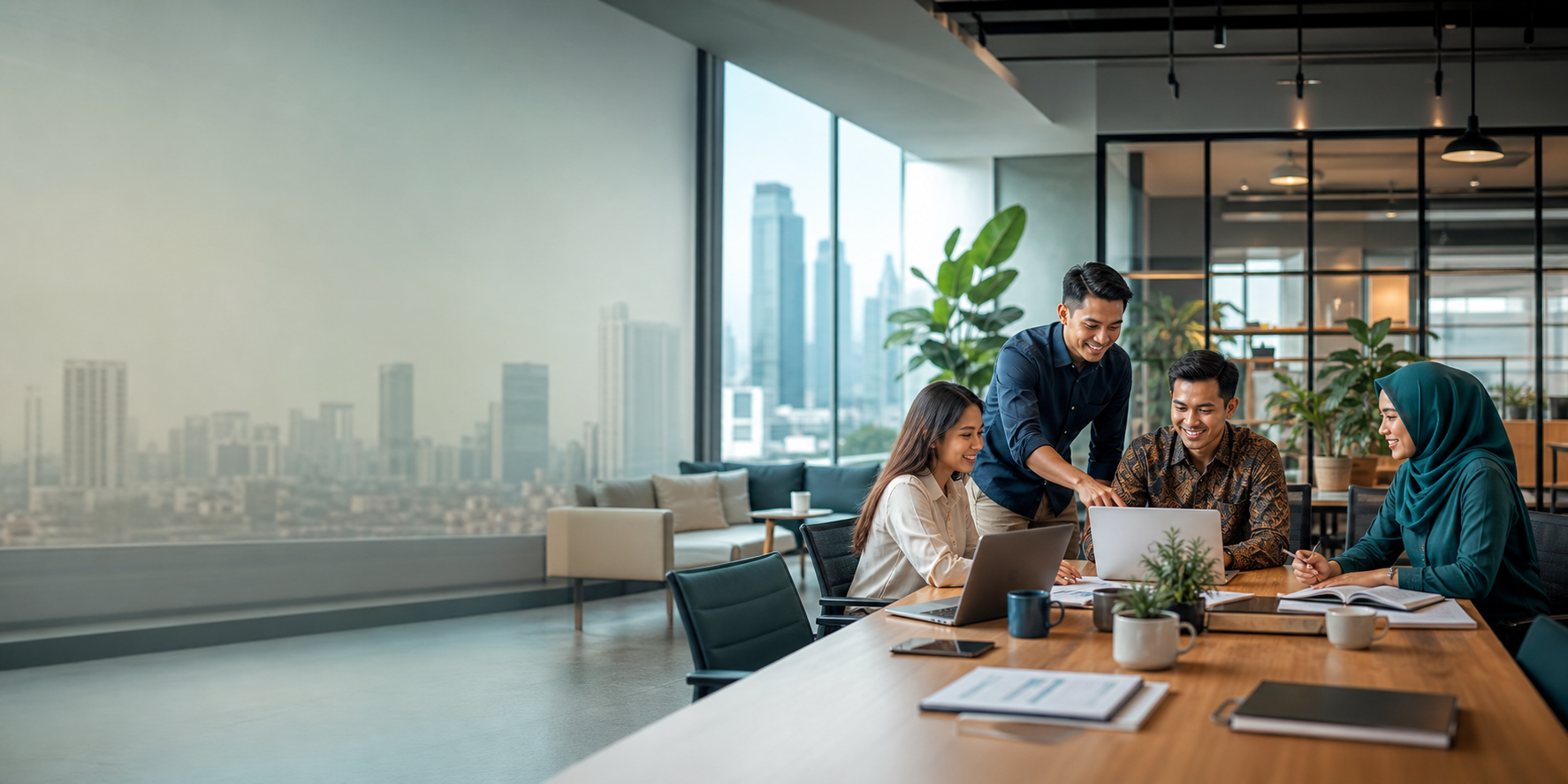 Tim PT Lazwan Global Teknologi berkolaborasi di kantor modern